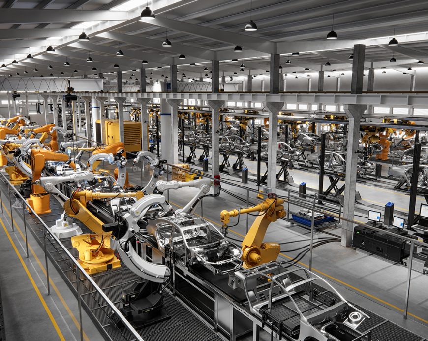 High Angle View Of Cars On Production Line In Factory. Many Robottic Arms Doing Welding On Car Metal Body In Manufacturing Plant. Image In 3D Render.